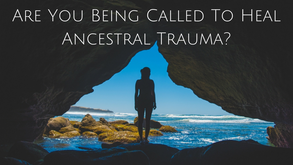 A shadow of a woman near the beach with a text above saying "Are you being called to heal ancestral trauma?".